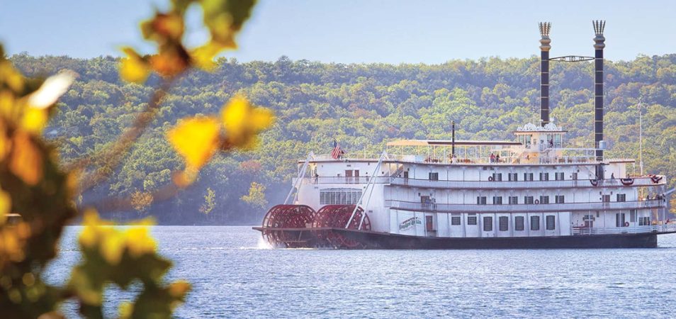 The showboat Branson Belle out on the water, an 1800s-style riverboat, out on the water.