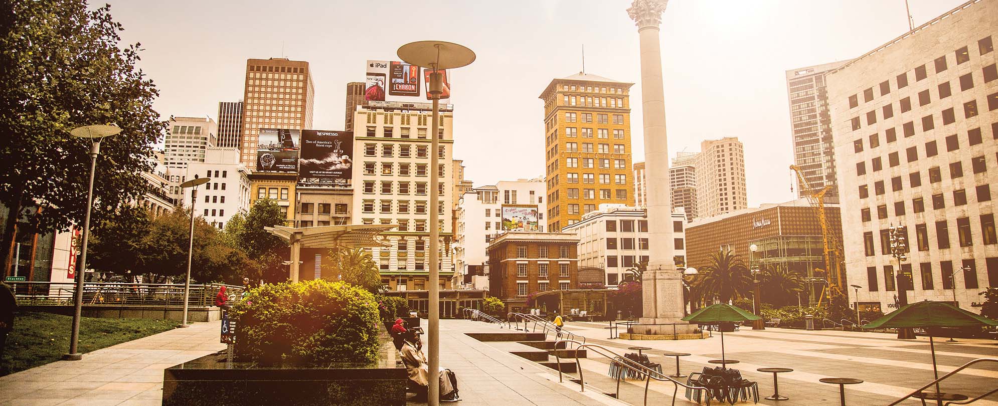 An urban area with tall building and hotels in San Francisco, California. 