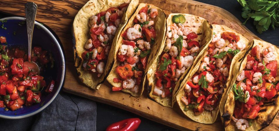 Five shrimp tacos from Lolo, a Mexican restaurant in San Francisco, California.