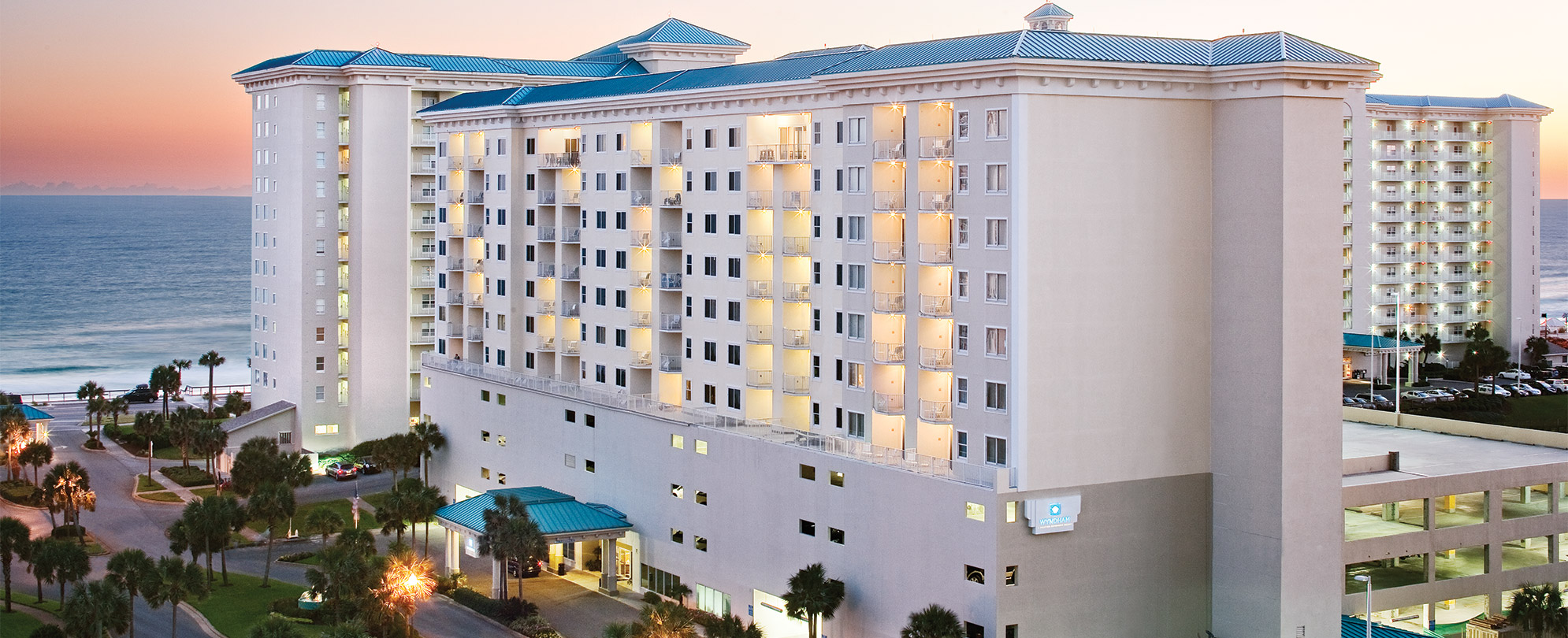 The resort exterior of Club Wyndham at Majestic Sun in Destin, Florida. 