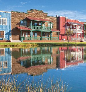 The exterior of the Old West-style Bison Ranch timeshare resort in Hunt, Texas.