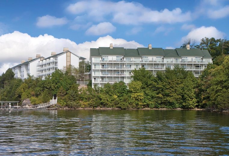 Lake and trees surrounding Worldmark Lake of the Ozarks, a timeshare resort in Osage Beach, Missouri.