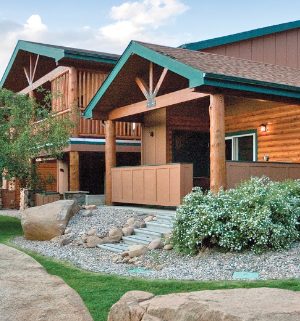 The exterior of WorldMark Estes Park, a cabin-style timeshare resort in Colorado.