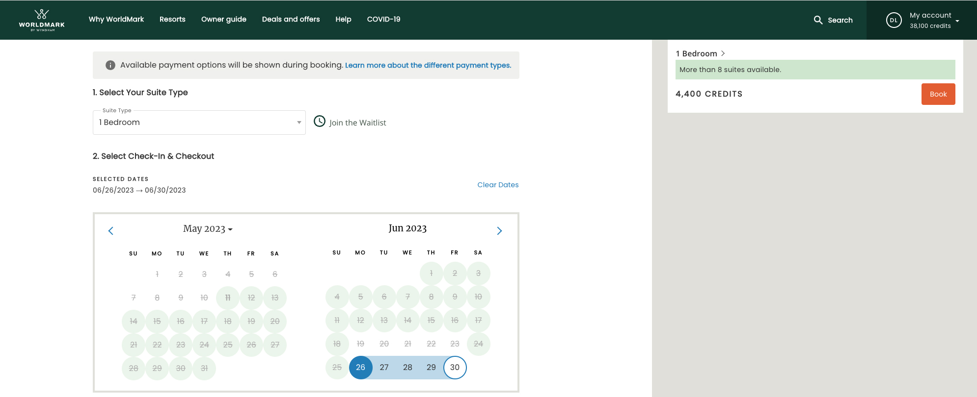 Calendar search availability function on the WorldMark owner website