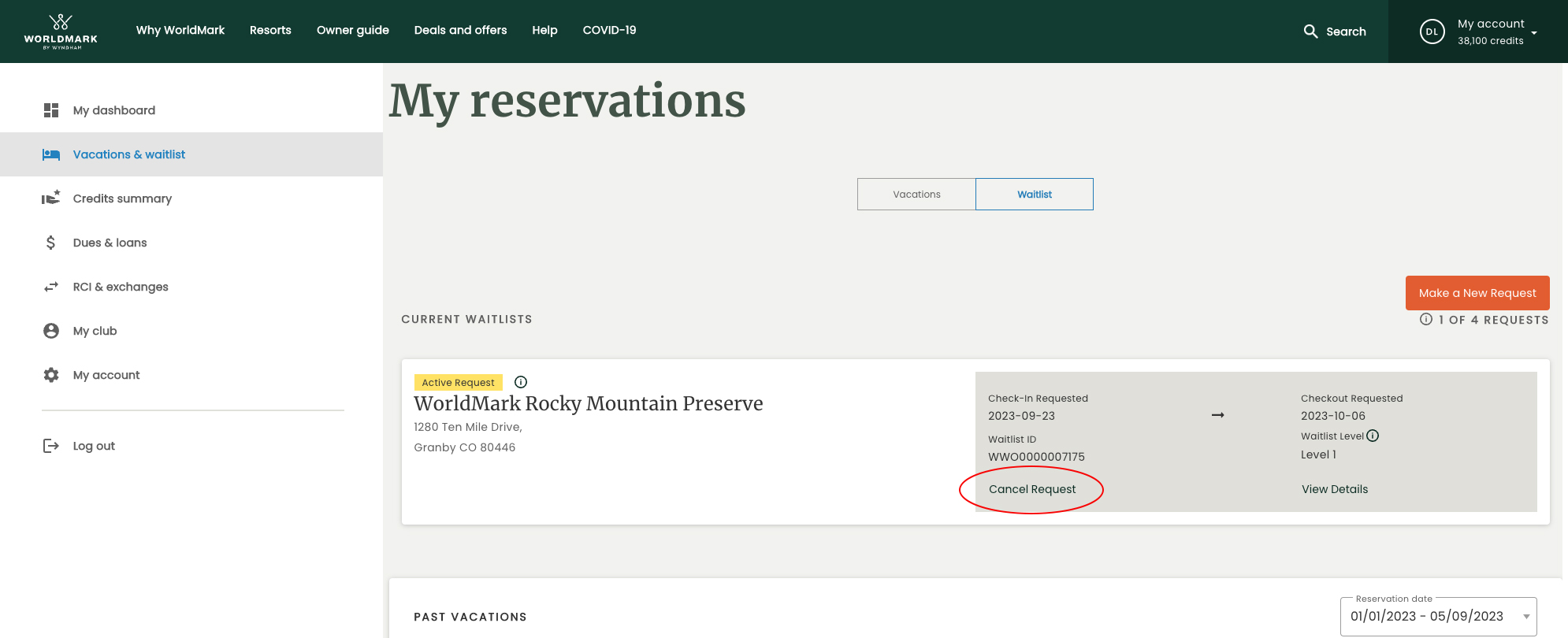 View of active waitlist requests on the "Vacations & waitlist" page of the WorldMark owner website with "Cancel request" circled in red