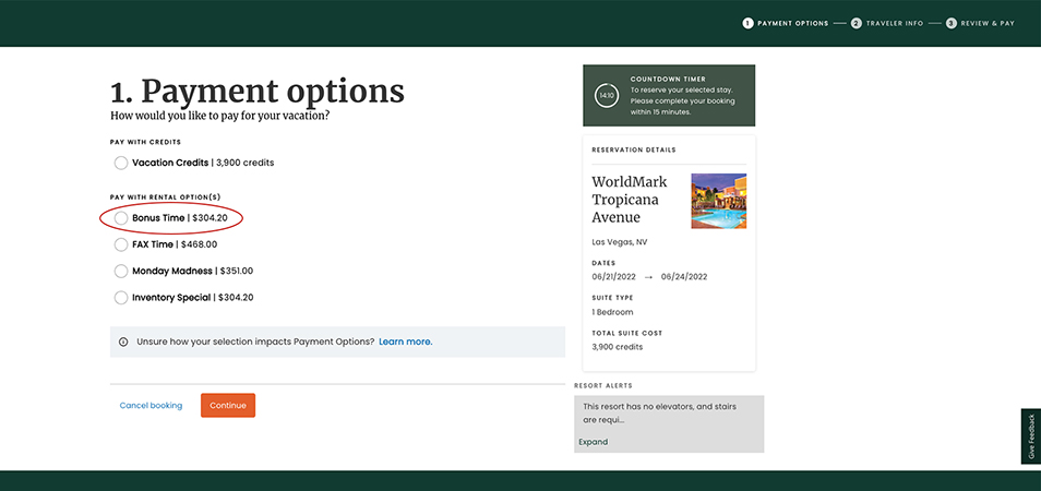 Instructions on how to select Bonus Time, under payment options, when booking with WorldMark by Wyndham.