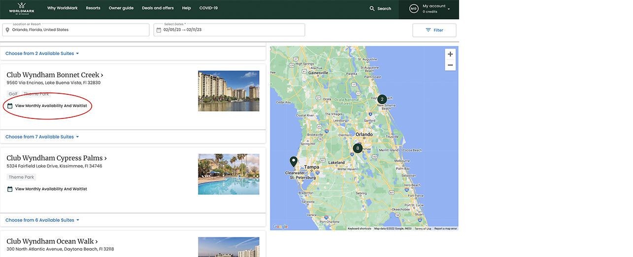 Resort results screenshot with View Monthly Availability And Waitlist circled.