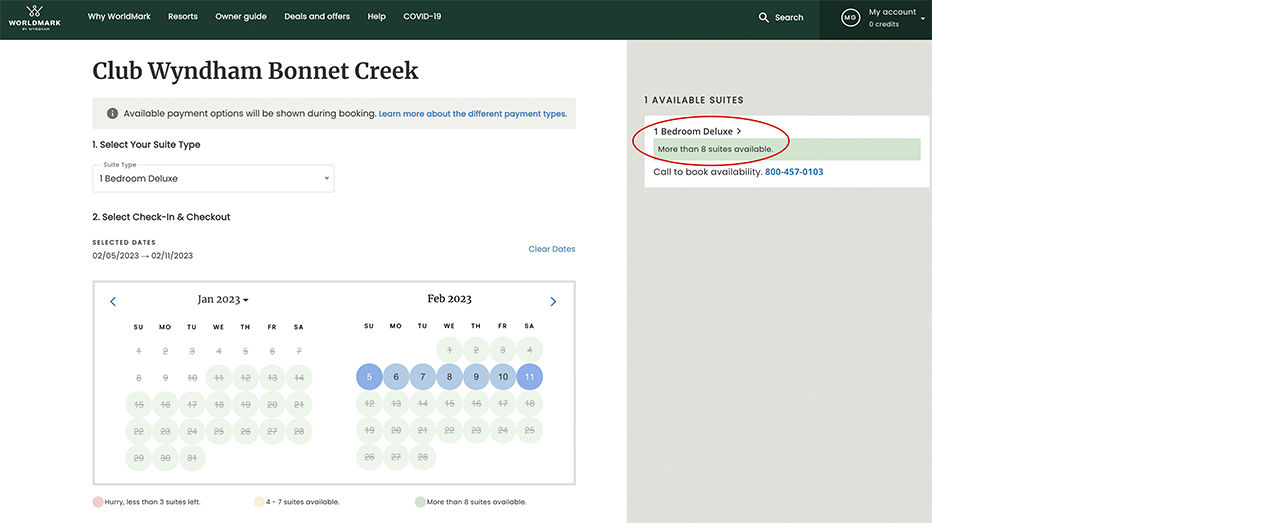 Monthly Availability And Waitlist page screenshot with dates and suite selected.