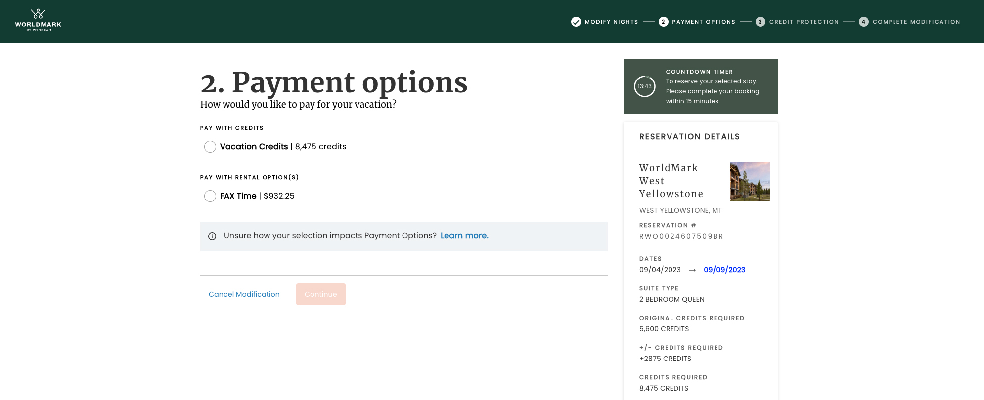 View of payment options section of booking page on the WorldMark owner website