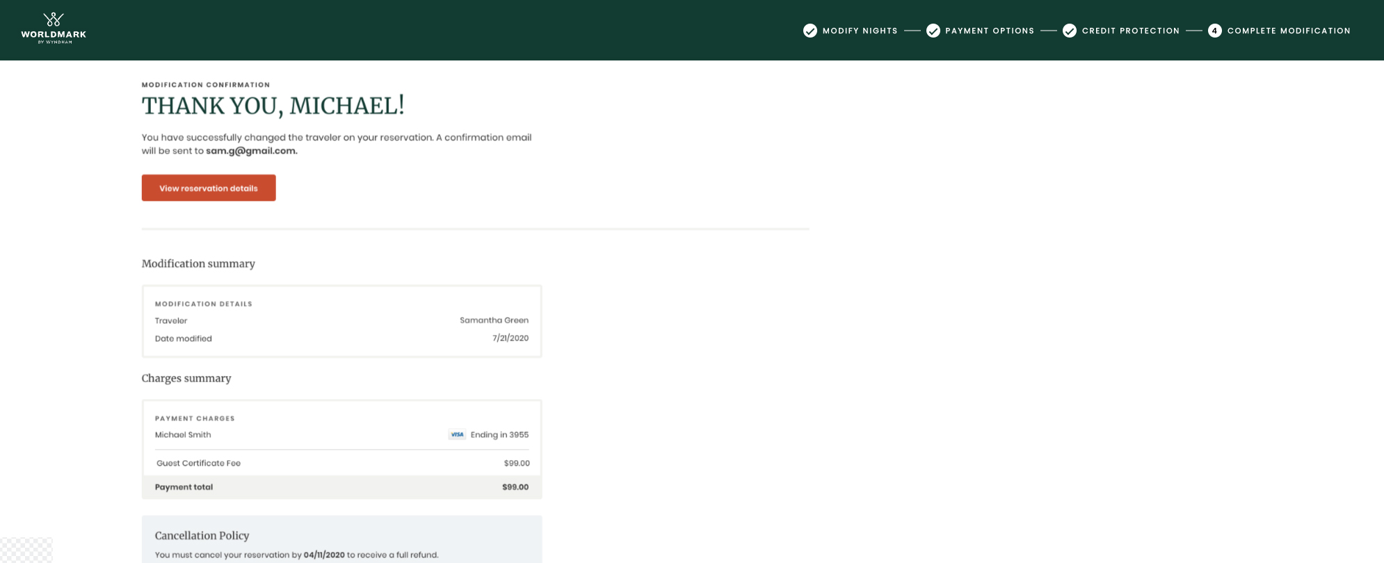 View of reservation confirmation summary page on the WorldMark owner website