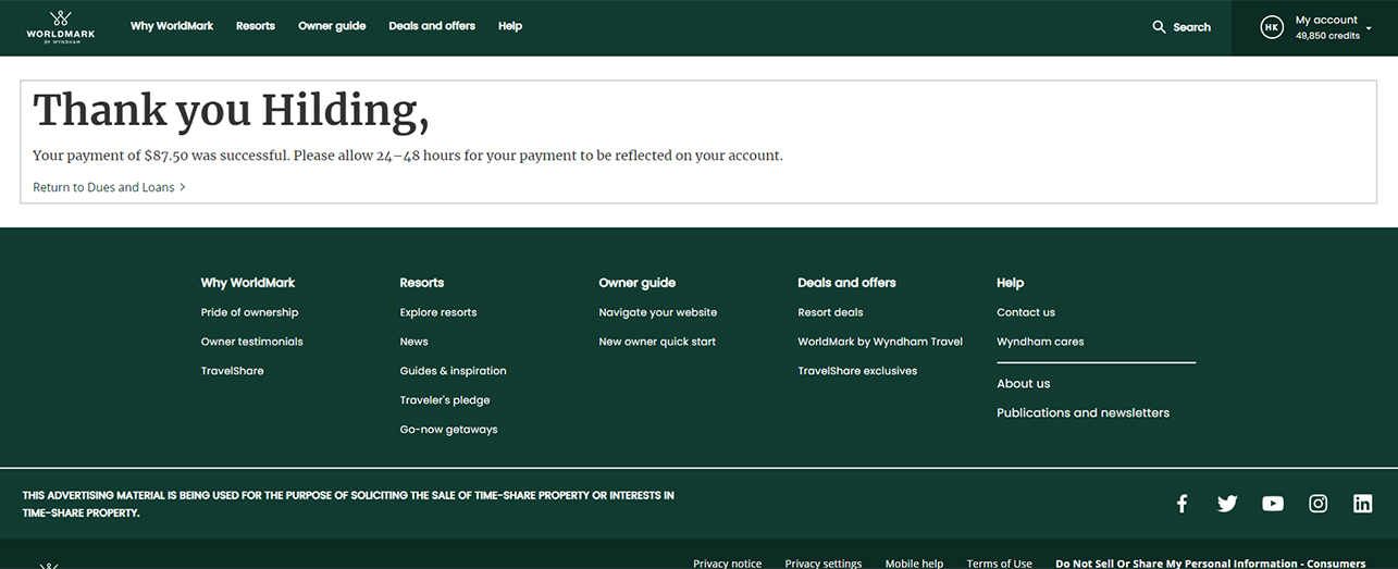 View of payment confirmation page on the WorldMark owner website
