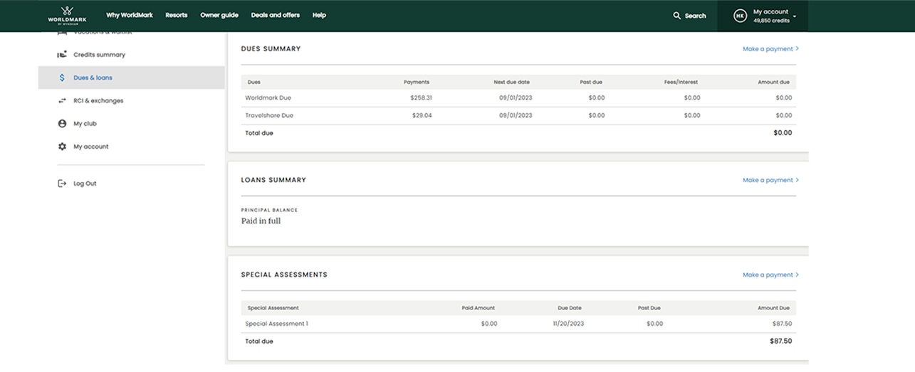 "Dues & loans" section of the dashboard page on the WorldMark owner website