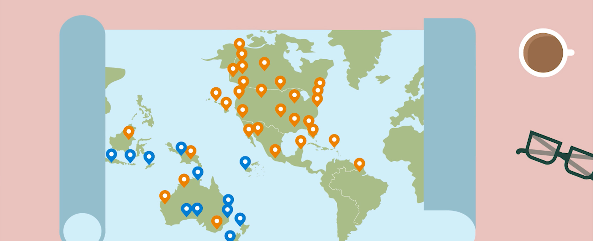 An illustration of a map showing the locations of affiliated resorts next to a coffee cup and glasses.